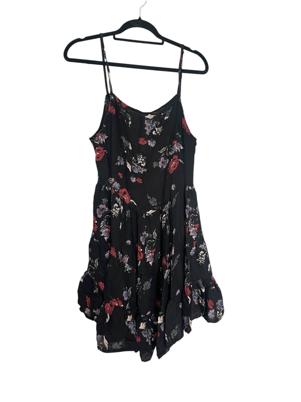 Free People Black Floral Spaghetti-Strap Dress with Red and Purple Blooms
